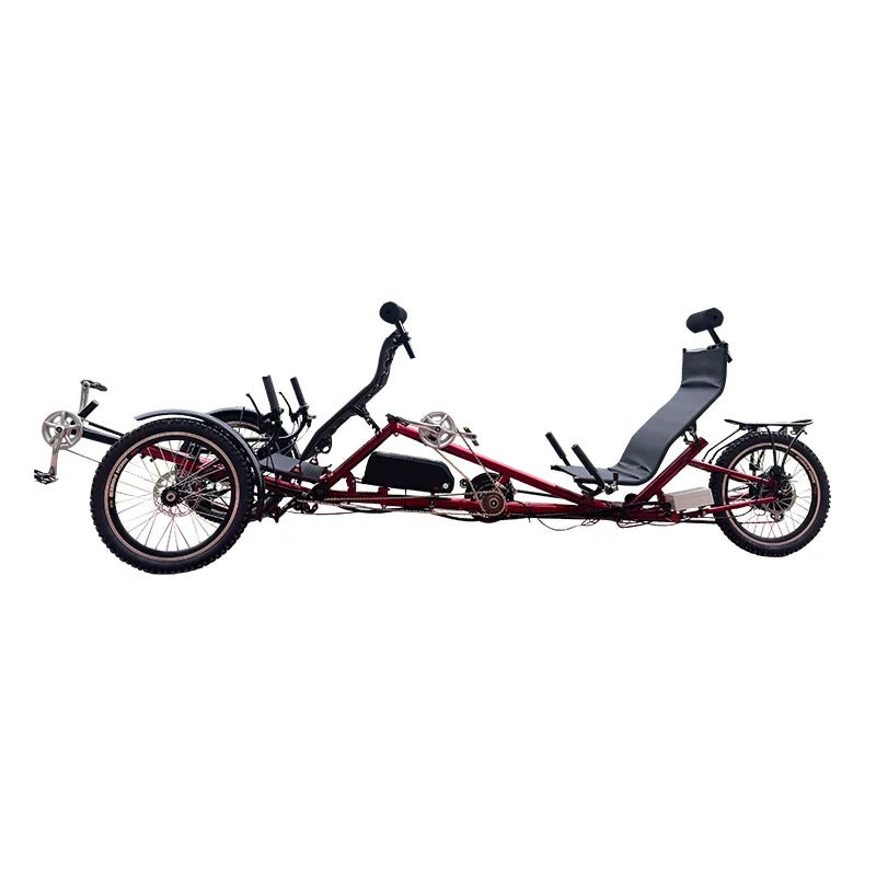 Elektrisches Tandem-Liegedreirad für Zwei mit Pedalunterstützung